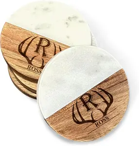 Customized Round Marble and Wood Coasters: Thoughtful Presents for Mom, Grandma, and Special Occasions - Deer Antler Design - Personalized Coaster