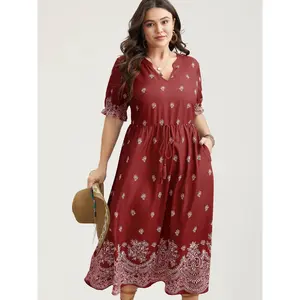BloomChic Plus Size Boho Ethnic Floral Midi Dress - Lightweight Rayon with Lantern Sleeves, Notched Collar, Waist-Tie & Pocket, Light