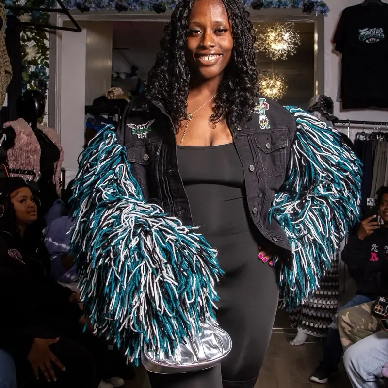 Eagles Fringes Jacket with Teal and White Fringe Details for Women's Fashion