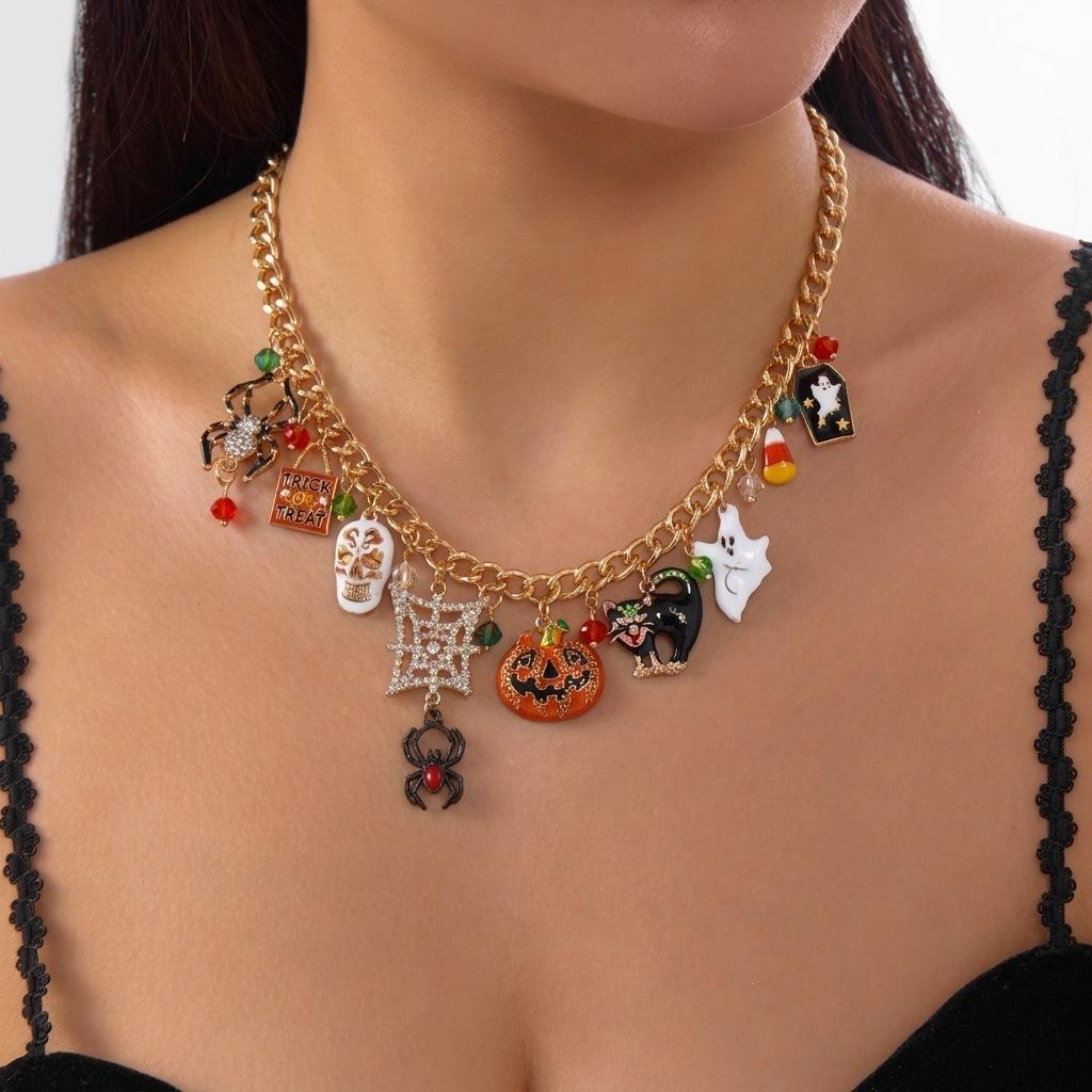 QIMENGLAI Women's Halloween Rhinestone Clavicle Necklace - Sparkly Crystal Spider Ghost Pumpkin Skull Pendant Festival Jewelry with Birthstones Bubble Initial Opalite Dainty Heart Name for Girlfriend Birthday Gifts