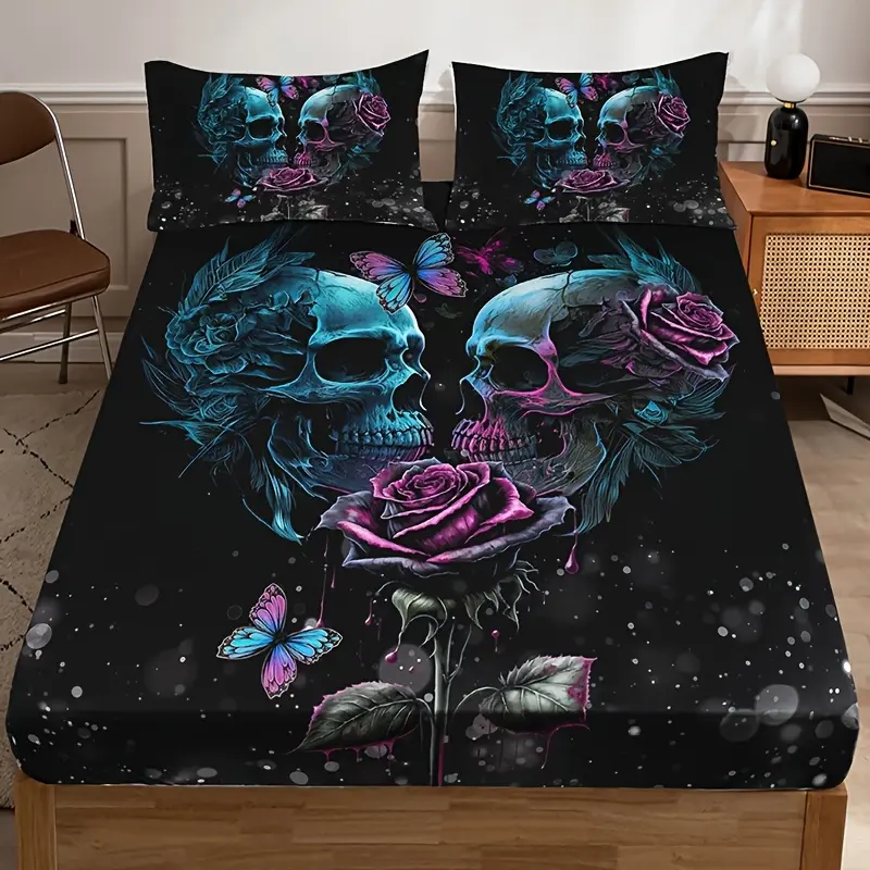3pcs Goth Skull Rose Butterfly fitted Sheet Set (1 fitted Sheet+2 Pillowcase),Soft Comfortable Bedding Mattress Protector,For Bedroom,Guest Room And Dorm Decor For Halloween Organic Cotton Grounding Sheets Luxury Bamboo Cooling Bedset tiktokshopspringglow