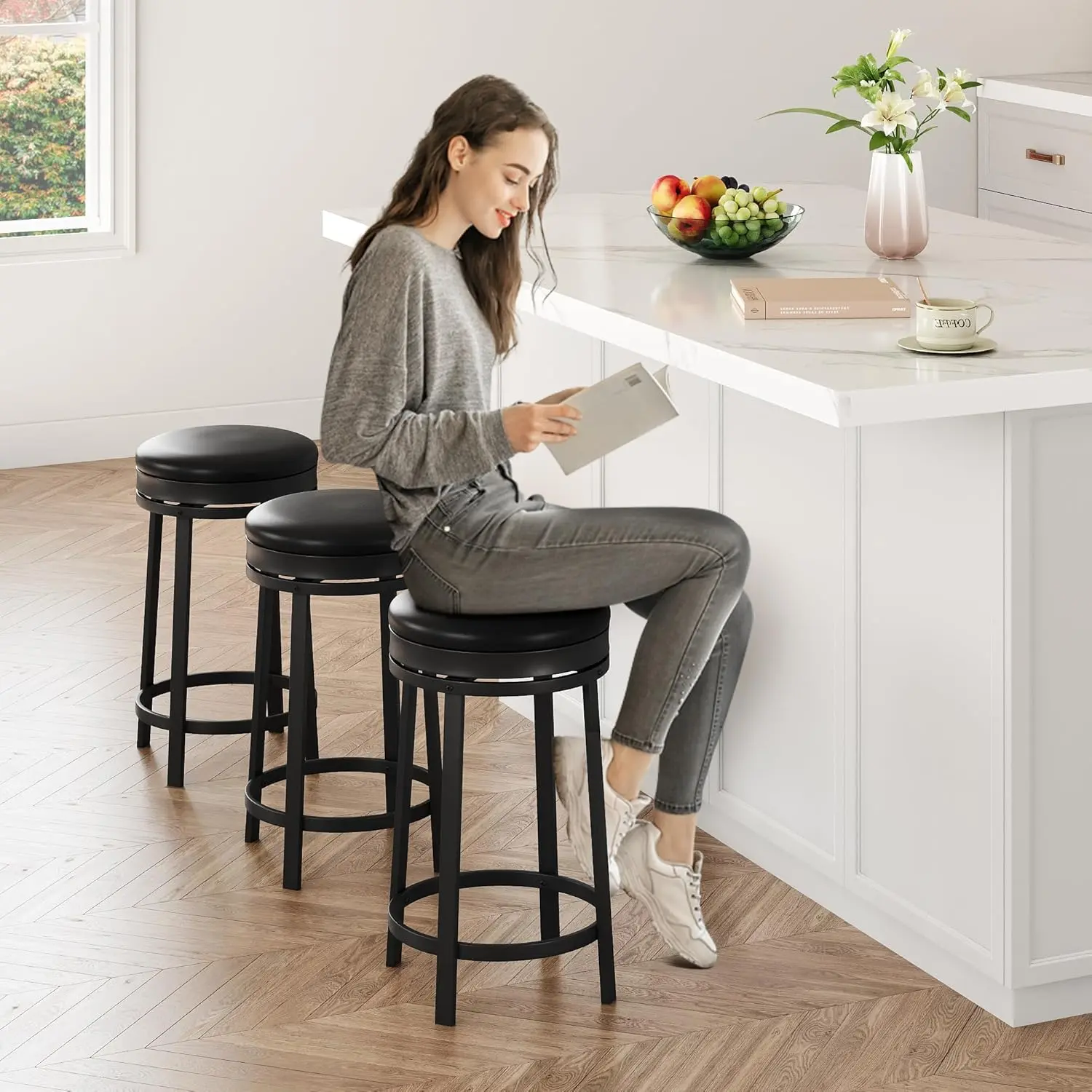 2 PCS Counter Height Barstools (24.4 in) - 360-Degree Swivel, Backless PU Leather with Black Accents, Metal Frame, Plush Cushion, Sturdy, Floor Protection, Tool-Free Assembly for Kitchen, Home Bar