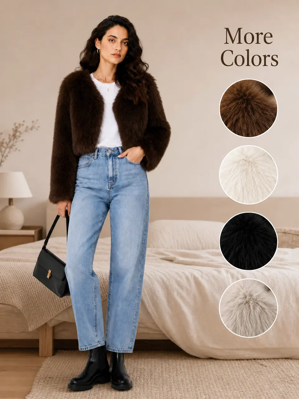 Vintage Brown Elegant Short Faux Fur Coat, Warm Fluffy Plush Jacket for Petite Women Daily Street Outfit