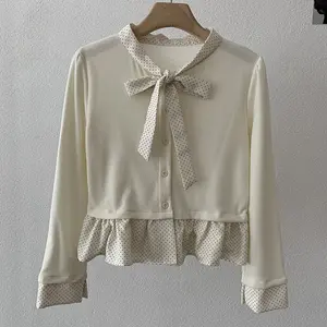 Polka Dot Bow Tie Shirt Long Sleeve Top with Ruffle Hem Autumn Winter New Style Real Photo