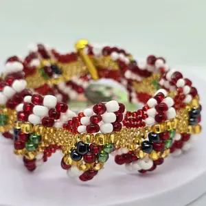 Orisha Shango Pulsera con Oshun Ibu Kole Beaded Bracelet in Red White and Gold Colors