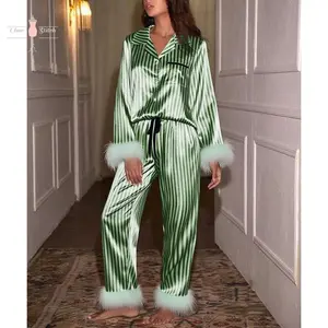 Women’s Christmas Silk Pajama Set – Two-Piece Bridal Pajamas with a Long-Sleeve Button-Down Shirt and Matching Pants, Feather Trim