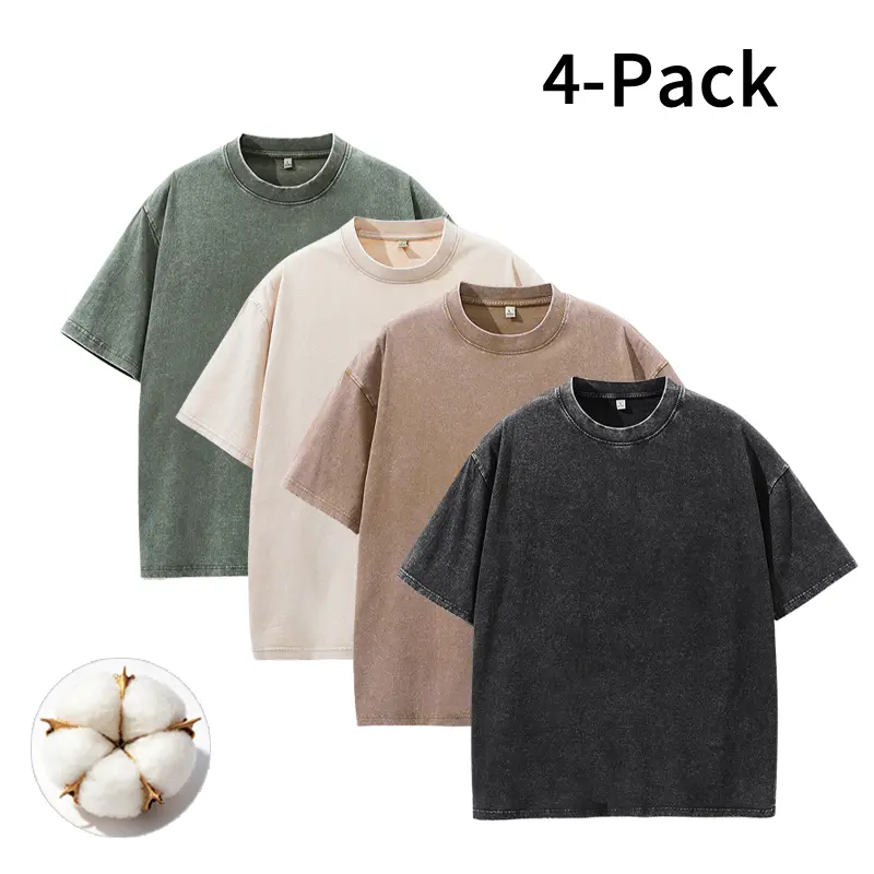 Men's Vintage Washed Cotton Streetwear T-Shirts, 2/4-Pack Oversized Plain Round Neck Bundle Short-Sleeve Tops with Cotton Build for Daily Rotation, Men's T Shirts