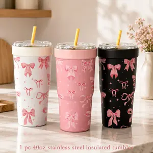 Coquette Bow Insulated Tumbler | 32oz Stainless Steel Travel Cup with Pink Ribbon Print, Vacuum Insulated Straw Mug Keeps Drinks Cold for Hours, Cute Girly Iced Coffee & Milk Tea Companion for Office & Car Use