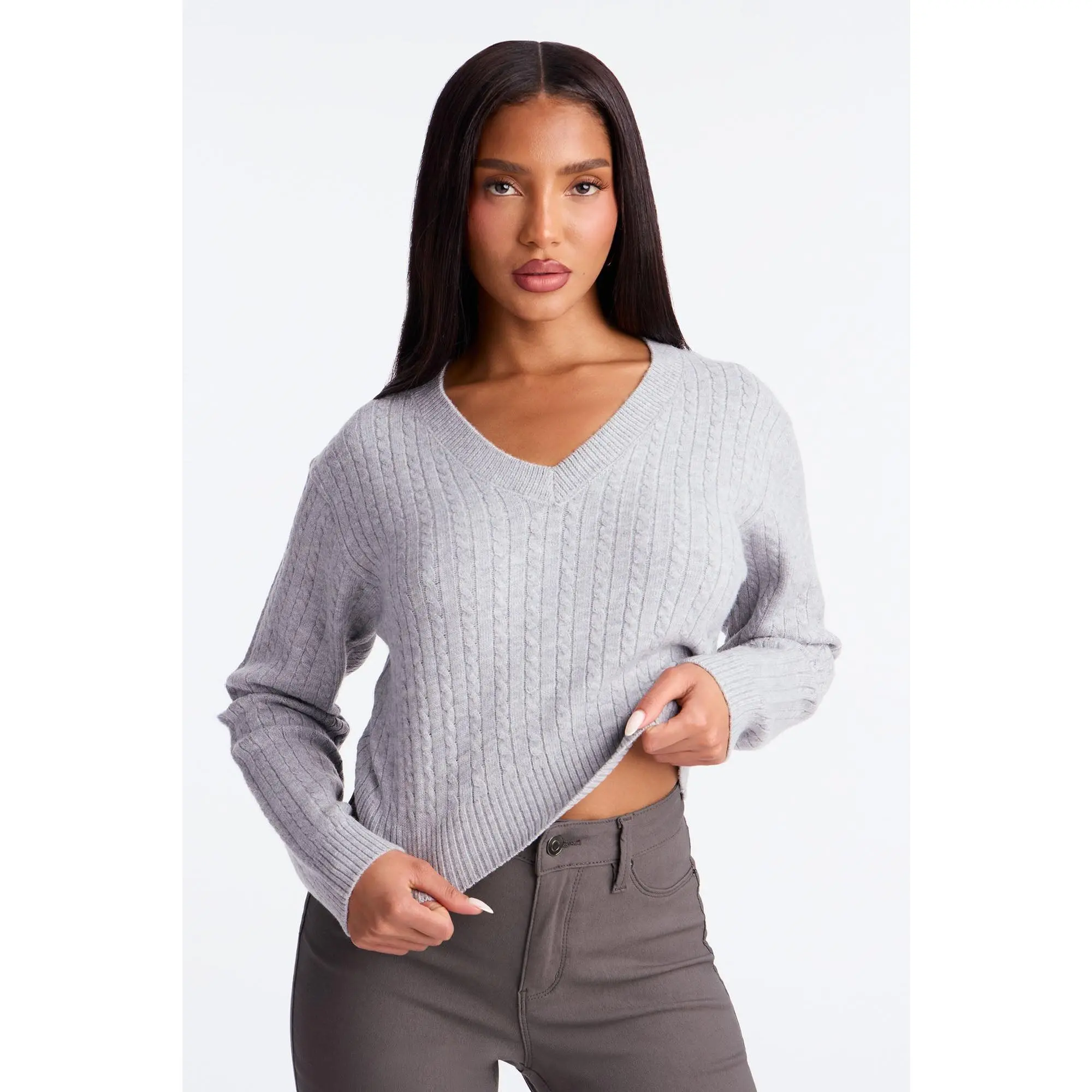 Frosty V Neck Cable Knit Sweater - Heather Grey