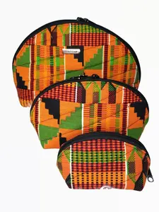 Kente Cloth Clam Shell Set - Handmade 3-Piece Set of Cosmetic, Makeup, and Storage Bags with Foam Padding, Lined with Black and Clear Vinyl