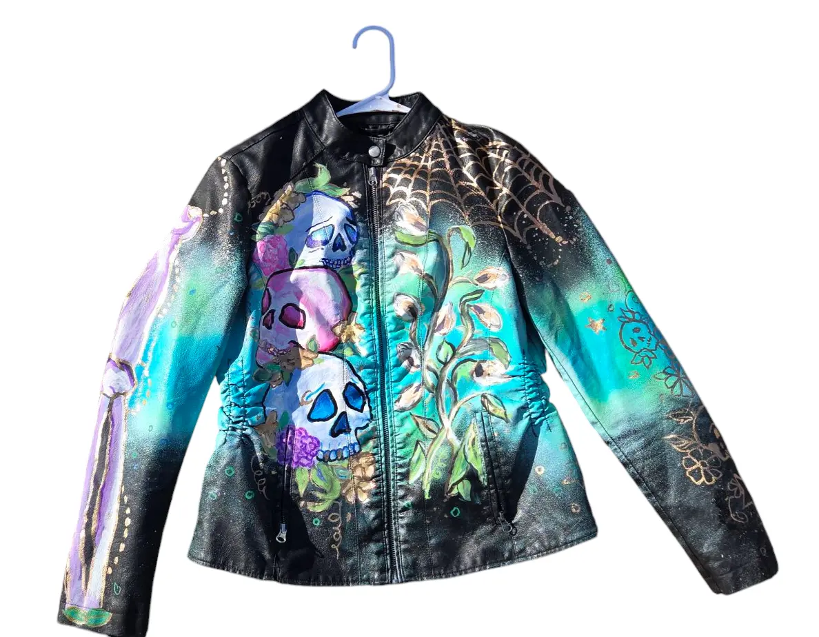 Hand Painted Black Faux Leather Jacket with Skulls and Flowers, Medium Size, Casual, Gothic Style, Hand Wash Only - Comfort, Womenswear, Coats, Tops