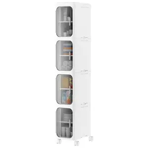4-Tier White Slim Narrow Rolling Storage Cabinet Tall Bathroom Organizer with Adjustable Shelves for Small Space Laundry Kitchen Cutlery Tableware