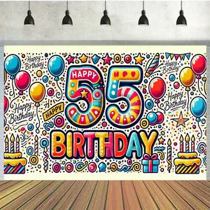 1pc 2D Flat Happy 55th Birthday Celebration Kit - Polyester Backdrop, Banner & Cake Table Decorations for Outdoor Parties and Photo Shoots, Versatile No-Power Needed White