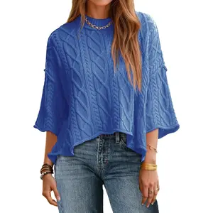 Imily Bela Womens Cable Knit Cropped Sweaters Oversized 3/4 Sleeve Crew Neck Fall Casual Pullover Tops