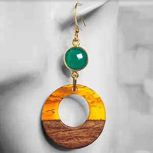Handmade Verdant Swirl Walnut Wood and Tortoise Shell Resin Hoop Earrings with Green Onyx in Gold Vermeil