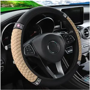 15 Inch Bling Soft Leather Elastic Rhinestones Steering Wheel Cover for Women Girls, Sparkly Crystal Diamond (Beige)