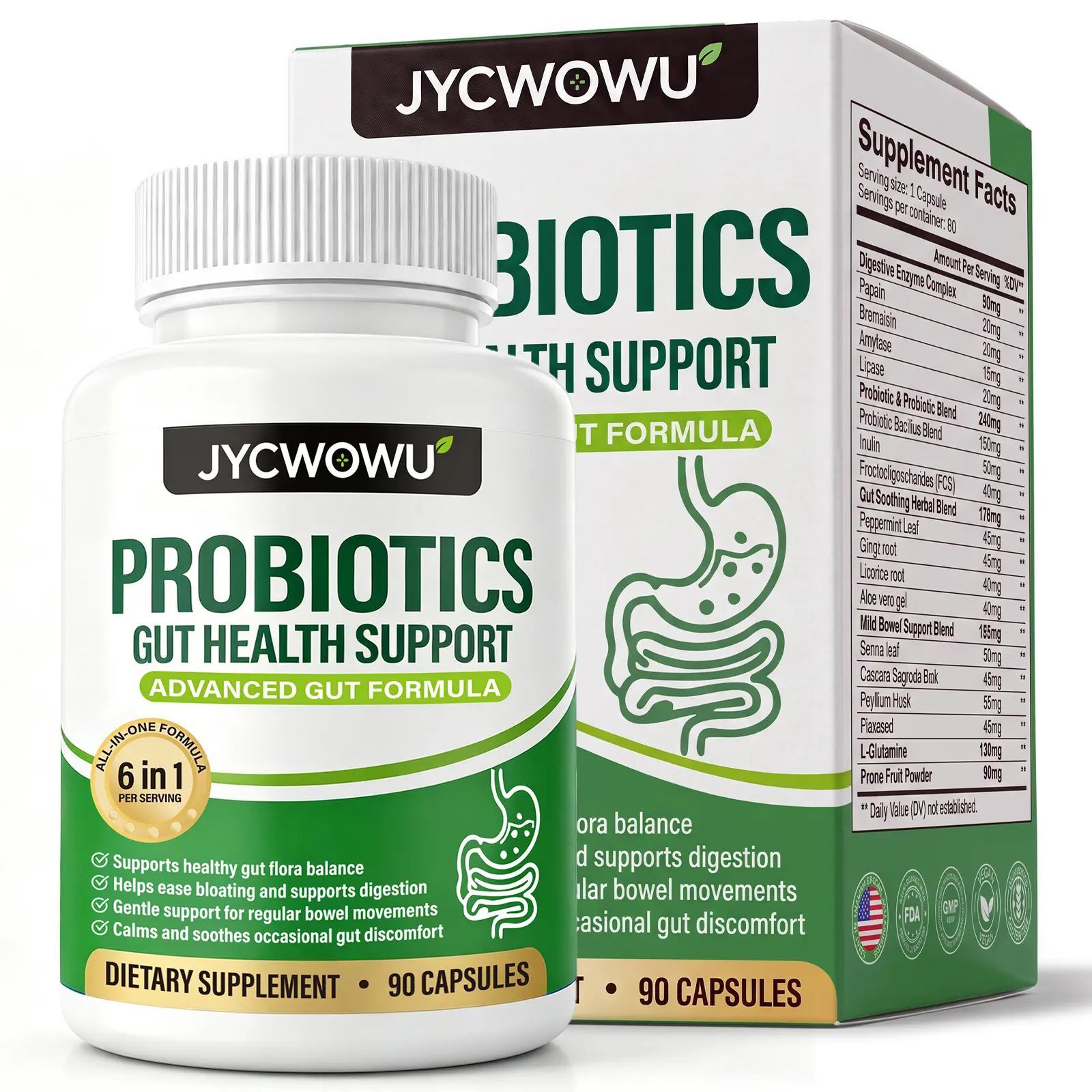 Gentle Digestive Aid & Gut Health Support: 6-in-1 Probiotic Blend for Daily Regularity & Occasional Bloating Relief - 90 Capsules Non-GMO