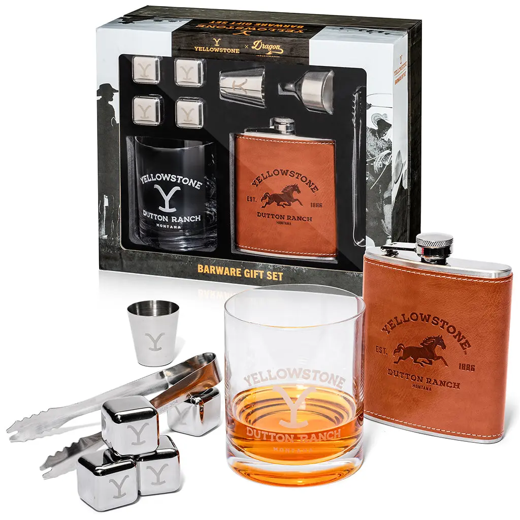 Rustic Stylish Leather Barware Set - Unique Gifts for Man, Yellowstone-Themed Shot Glasses, Drinking Glasses & Kitchen Bar Wine Utensils for Whiskey Lovers, Outdoors Use, Chilling Stones