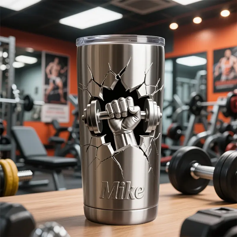 quirky wooden dumbbell-shaped stainless steel insulated cup with lid - personalized name insulated cup, double-layer insulation, large capacity travel Stanley cup, suitable for hot and cold drinks, snowman cup, essential drinking cup for fitness activitie