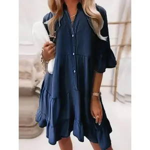 Womens Casual Denim Dress VNeck Button ShortSleeve Summer Chic Polyester Womenswear