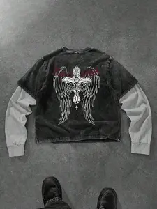 Trendy Men's Casual Cotton Texture Long Sleeve Shirt, Back Wing Cross Print, Fake Two-Piece Design, Perfect for Trendy