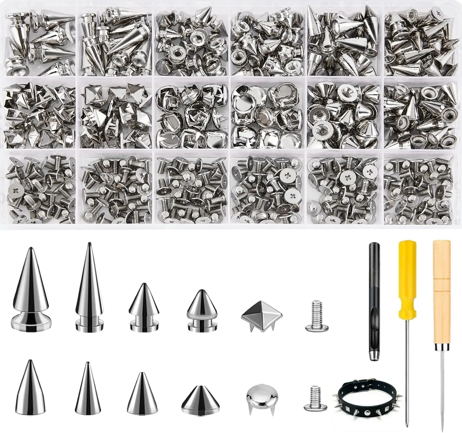 455PCS Punk Spikes and Studs Kit for Clothing, 12 Sizes Premium Metal Cone Spikes, Square Pyramid Studs & Round Dome Rivets for Leathercraft and Punk Style DIY Craft Decoration