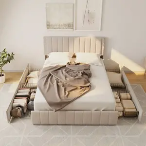 Queen Size Storage Bed Frame With 4 Wheeled Drawers & Adjustable Headboard | Platform Bed, Wooden Slat Support | Fits 6"-12" Mattress, Beige Tufted Upholstered Bed