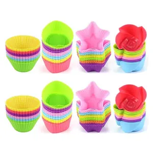 48 Pack Reusable Silicone Cupcake Baking Cups 2.75 Inch Non-stick Muffin Liners Muffin Cup Molds for Party Halloween Christmas (Flower, Star, Heart, Round)