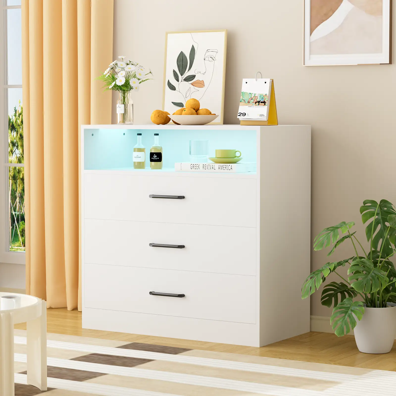 VOWNER RGB LED Dresser with 3 Drawers for Clothes, Modern Storage Tower Dressers and Chests of Drawers and Open Cubby,Bedside Table white cabinets