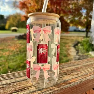 16 oz Dr. Pepper Glass Cup with pink bows- Perfect for Drinks - Kitchen and Bar - Drinkware, Tumblers
