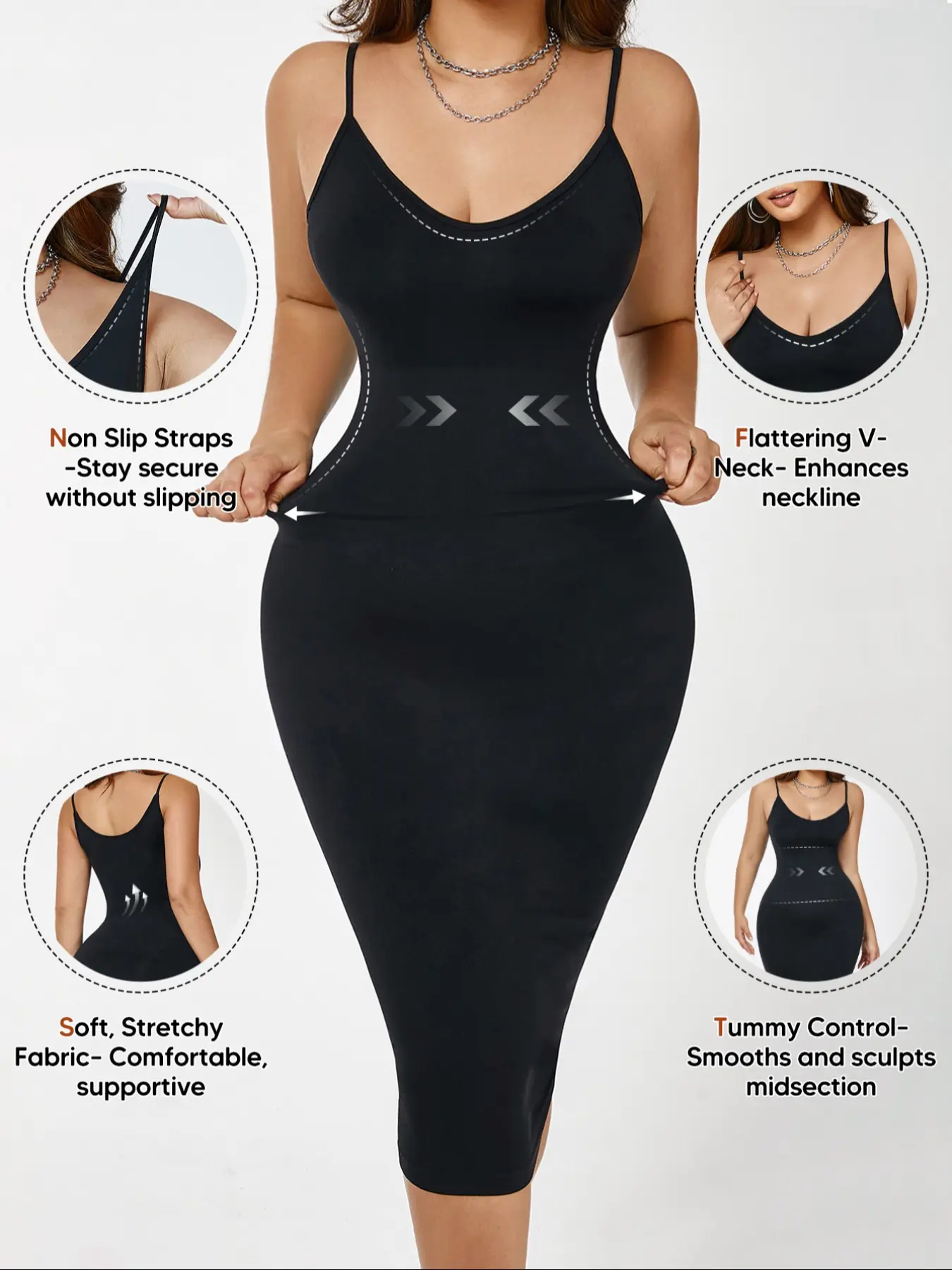 Postpartum Bodycon Shapewear Dress for Women – Slimming Compression Vneck Sleeveless Midi Dress with Built in Tummy Control, Adjustable Straps & Breathable Fabric for Recovery and Daily Wear, Casual Wear, Fit, Minimalist, Womenswear, Black