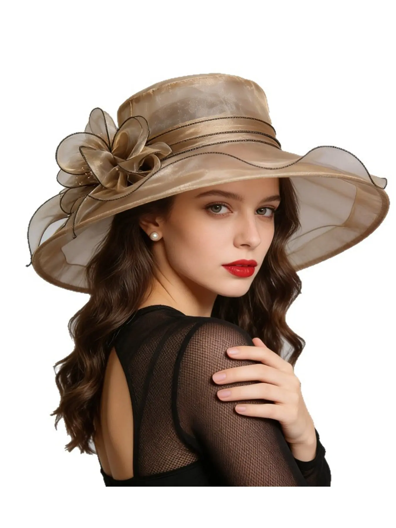 Elegant Organza Flower Lightweight Sun Hat for Women, Wide Brim UV Protection, Derby Tea Party Hat, Stylish Summer Accessory, Adjustable Outdoor Hat, Perfect for Outdoor Events