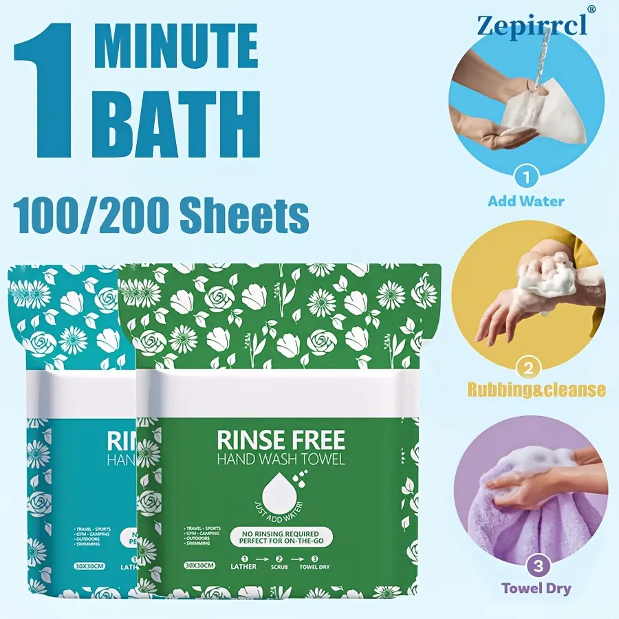 100/200 Sheets Disposable No-Rinse Bath Towel Foam Cleaning Cloth — Foams after adding water and gentle rubbing; no shower gel or rinsing needed for quick body cleaning. Suitable for travel, outdoor activities, camping, swimming, workouts, and outdoor wor