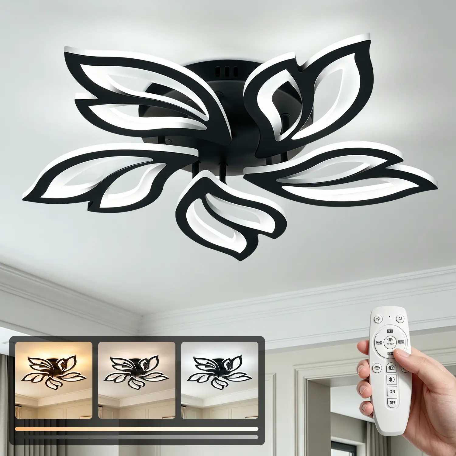Modern LED Ceiling Light, 25 Inch Black Leaf Shape Flush Mount Ceiling Lamp, 3 Color Temperature 3000K-6000K Stepless Dimmable, App Control Ceiling Light for Bedroom Living Room Dining Room, Built-in LED