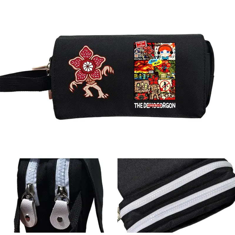 Stranger Things Double-Layer Large Pencil Case - Black Oxford Fabric, Zipper Closure, Monster Print, Hand Strap for Students