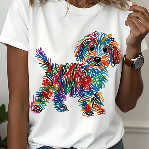 Womens Graphic Tee Rainbow Line Puppy Print Casual Design T Shirt Streetwear Style Crewneck Short Sleeve Soft Cotton Breathable Comfortable Fit Loose Fit Daily Wear Pet Lover Cute Trendy Aesthetic Fashion Top