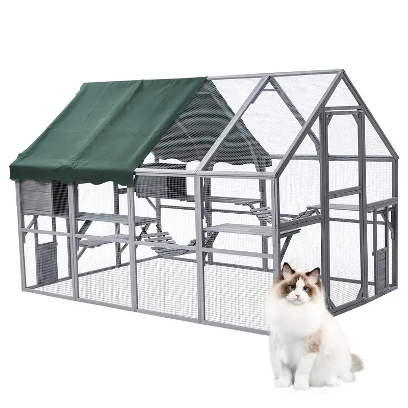 Garvee 110-Inch Extra Large Walk-In Catio with Waterproof Roof, Galvanized Mesh - Indoor-Outdoor Pet Enclosure for Cats (Gray)