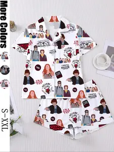 Women's Netflix Stranger Things Print Sleepwear Set, Short Sleeve Button-Down Top & Elastic Shorts, Casual Loungewear for All Seasons