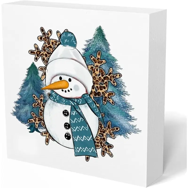 Blue Snowman Decor, Blue Snowflake Snowman Christmas Wooden Box Sign Gift for Women Men, Winter Christmas Snowman Decorations for Home Bedroom Living Room Office, 5x5 Inch