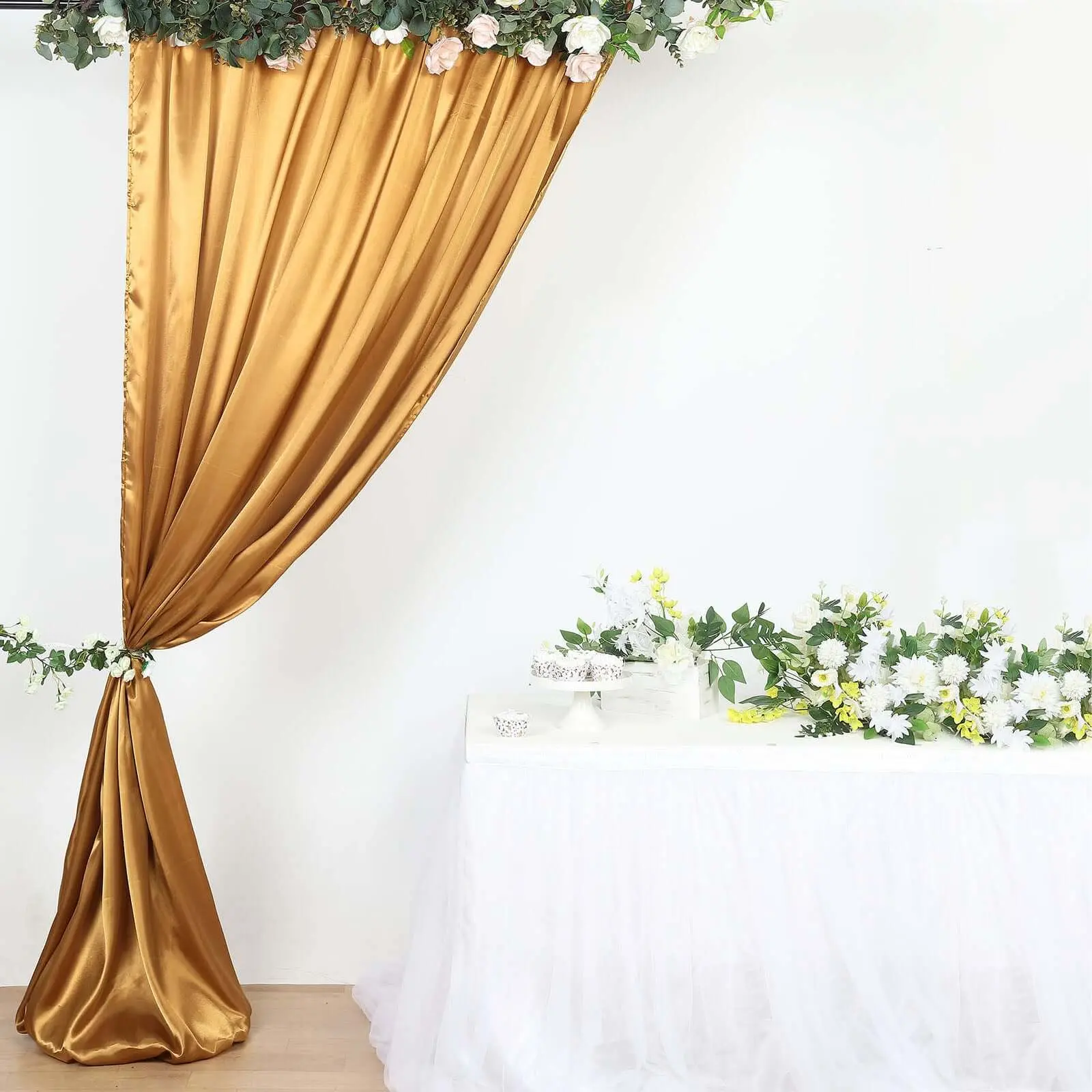 Gold Satin Backdrop Drape Curtain - 8ftx10ft Photo Booth Backdrop Cover, Event Divider Panel, Outdoor Party Decorations Banners for Bridal Shower, Birthday Party