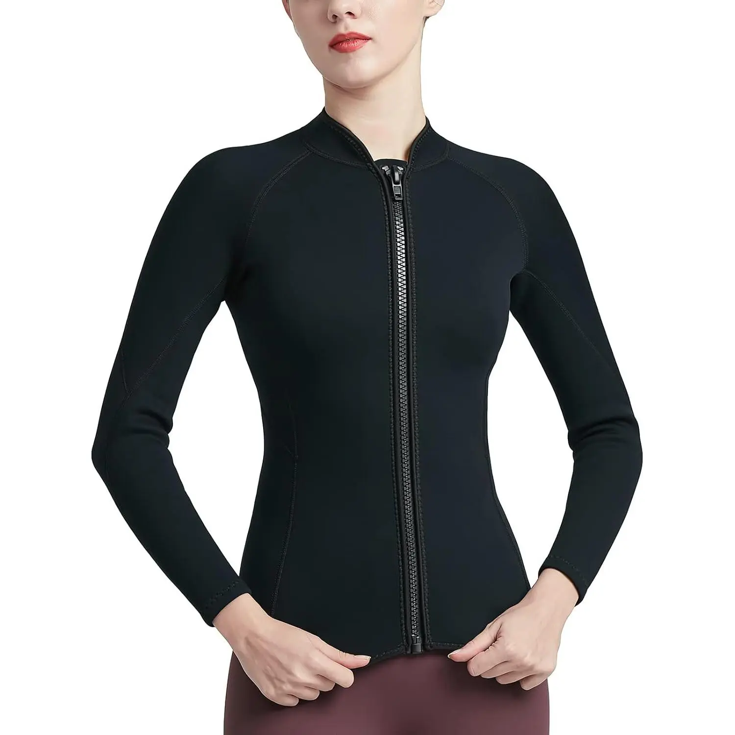 Women Wetsuit Top Swim Jacket Mens Youth Wet Suit Shirt 2mm Neoprene Thermal Swimsuit Front Zip Long Sleeve Cold Water Keep Warm Snorkeling Diving Surfing