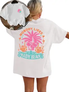Women's Skull & Letter Graphic Drop Shoulder Tee, Fashion Casual Palm Tree Graphic Crew Neck T-shirt for Daily Holiday Vacation Outdoor Wear, Graphic Tees, Ladies Clothes for All Seasons