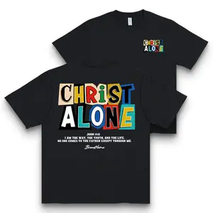Christ Alone Colorful Collage Print Shirt 100% Cotton Short Sleeve Crew Neck Unisex Classic Fit Trendy Faith Style Top