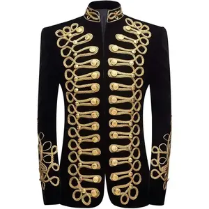 Mens Stylish Court Prince Black Velvet Gold Embroidery Blazer Suit Jacket