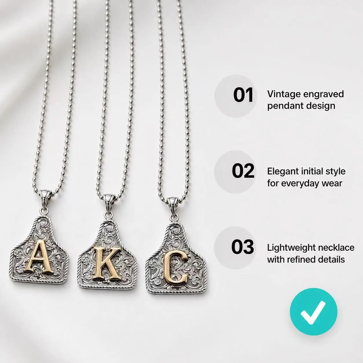 【US Local Warehouse Shipping】 Custom Initial Signature Western Ear Tag Necklace, 2-Tone Vintage Detail, 24-Hour Dispatch, US Fast Shipping, Independence Day Gift