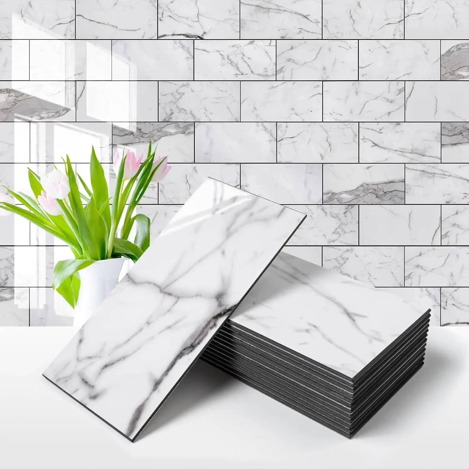 100-Piece Smooth Self-Adhesive PVC Sticker Subway Tiles, 3''x6'' Glossy White Waterproof Peel-and-Stick Backsplash with Dark Gray Grout for Kitchen, Bathroom Decor, Self Adhesive Sticker