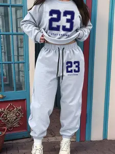 Women's Fall Winter Two-Piece Set, Simple Number Letter Print Loose Fit Casual Hoodie + Jogger Pants, Comfortable Home Outdoor Wear