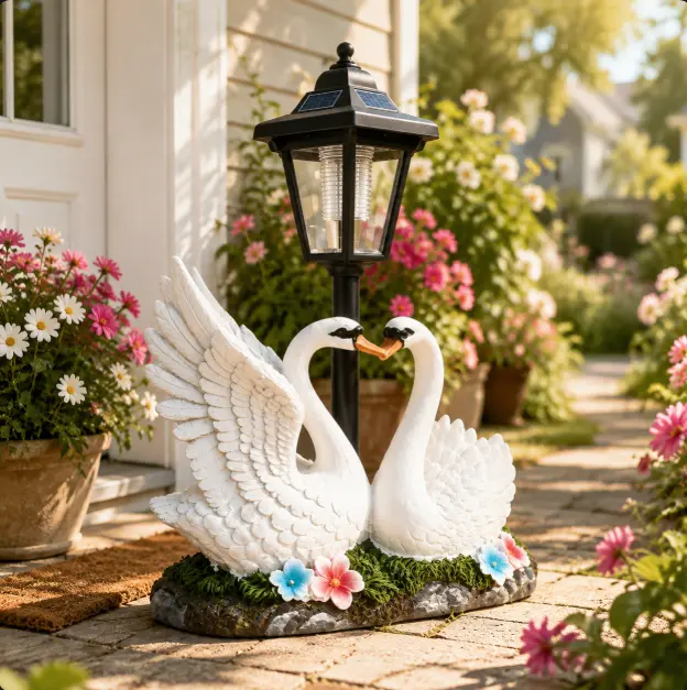 Garden Swan Statue - Solar Powered Outdoor Decoration with Floral Base - Perfect for Home Decor and Garden Aesthetics