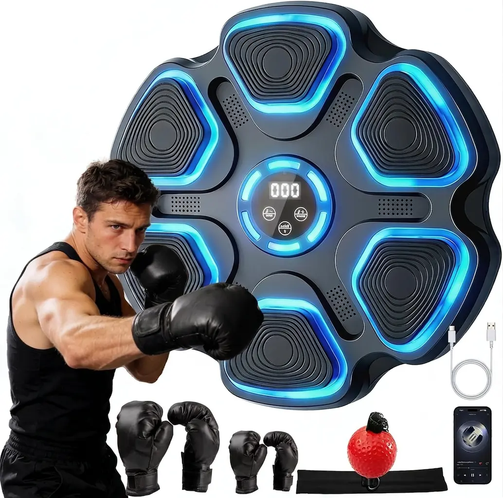 Music Boxing Machine, Bluetooth Wall Mounted Boxing Trainer for Adults & Teens, Strong Adhesive Mount (No Drill), 11 Modes & 9 Speeds, 2 Pairs of Boxing Gloves