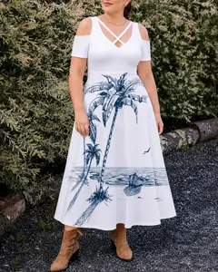 Rgothic Women's Plus Size Cowgirl Polyester Shortsleeve A-Line Midi Dress - Coconut Tree Sea Boat Bird Print, Crisscross Cold Shoulder Straps, Flowy Fabric, Casual Spring Summer Hawaii Wear, Flattering Fit